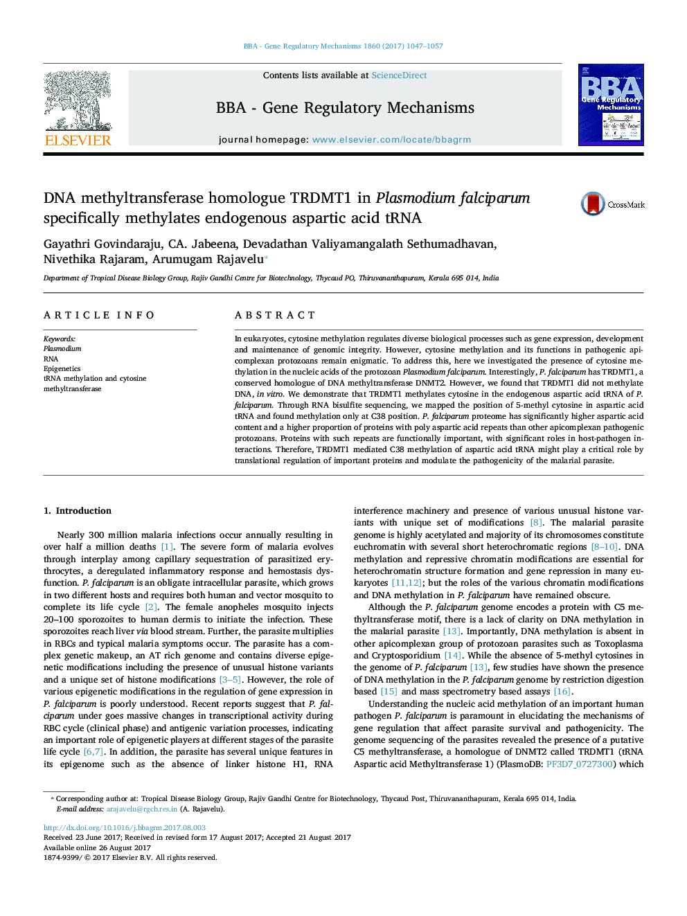 DNA methyltransferase homologue TRDMT1 in Plasmodium falciparum specifically methylates endogenous aspartic acid tRNA