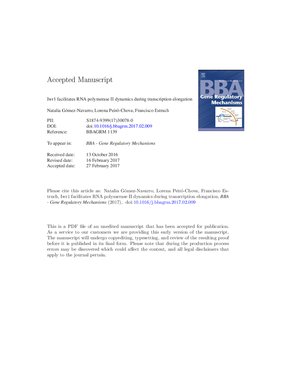 Iwr1 facilitates RNA polymerase II dynamics during transcription elongation