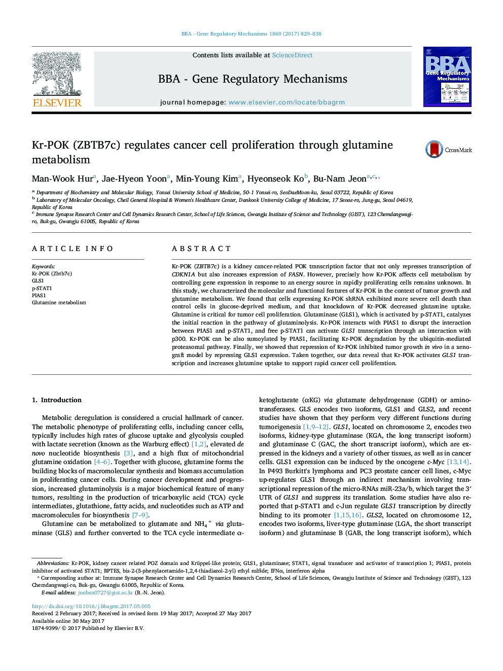 Kr-POK (ZBTB7c) regulates cancer cell proliferation through glutamine metabolism