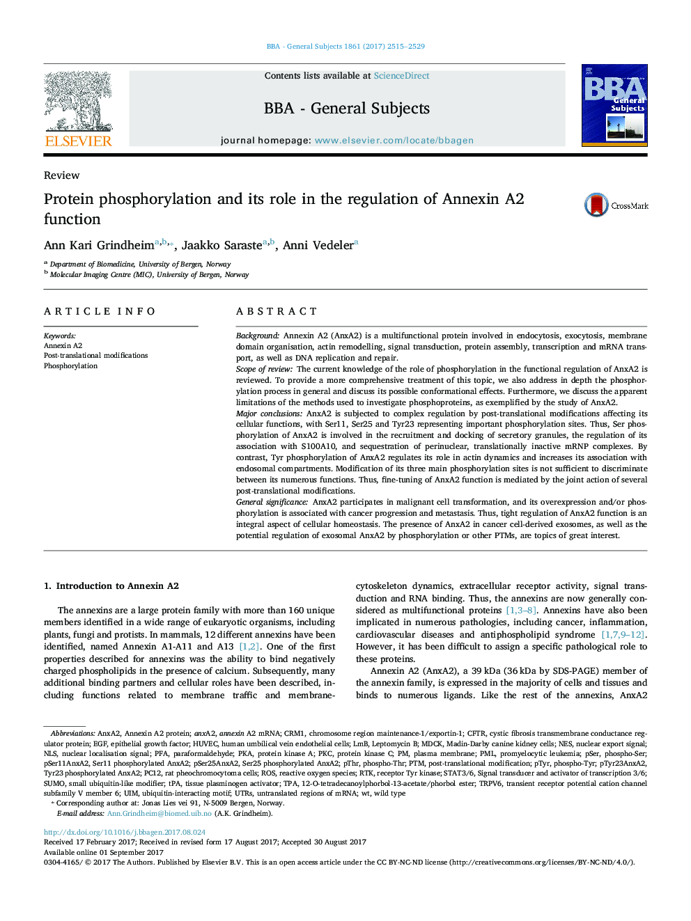 Protein phosphorylation and its role in the regulation of Annexin A2 function