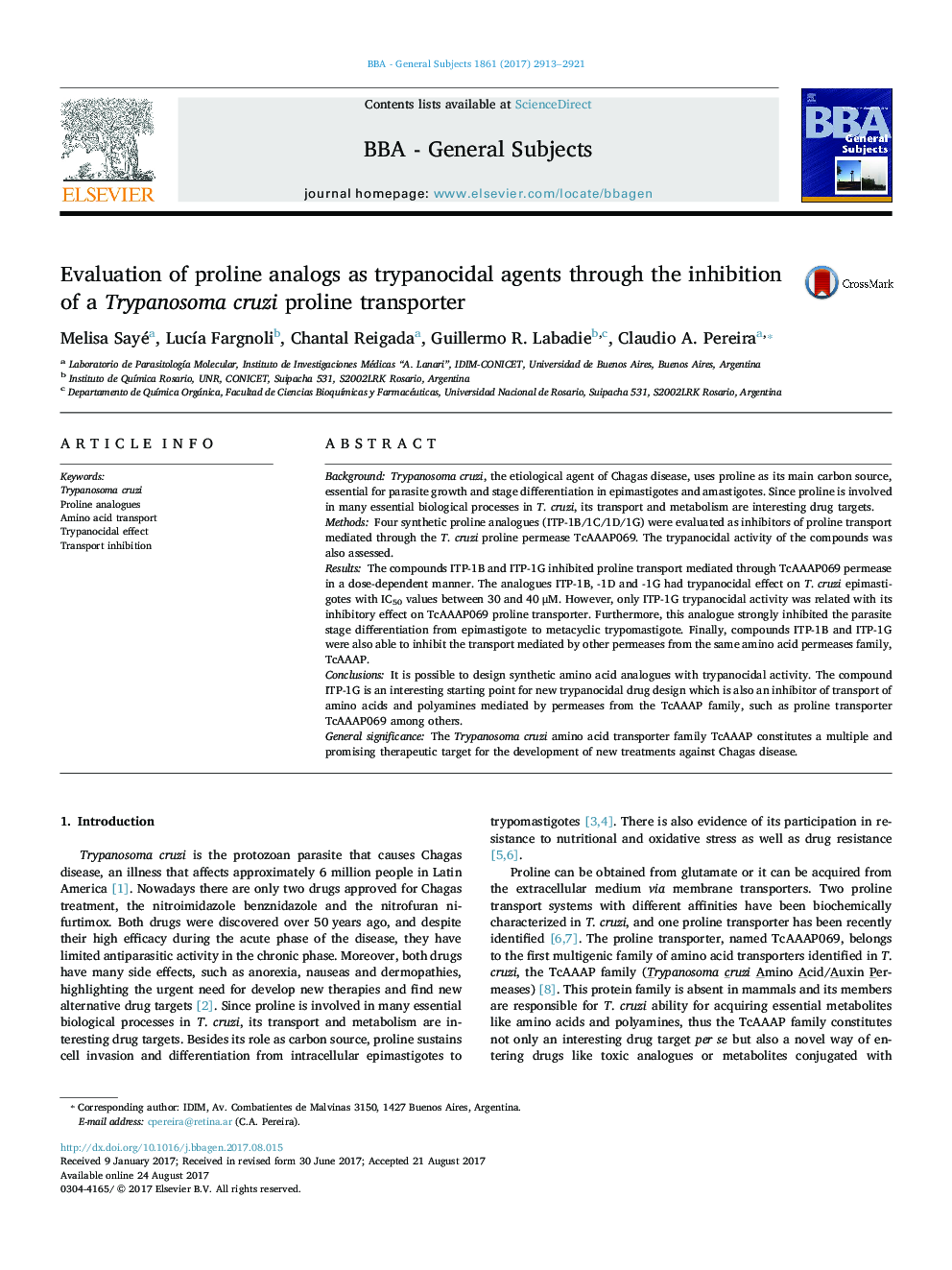 ارزیابی آنالوگهای پرولین به عنوان عوامل تریپانوسیکید از طریق مهار پروپیلن ترپانوسوم کرزی 
