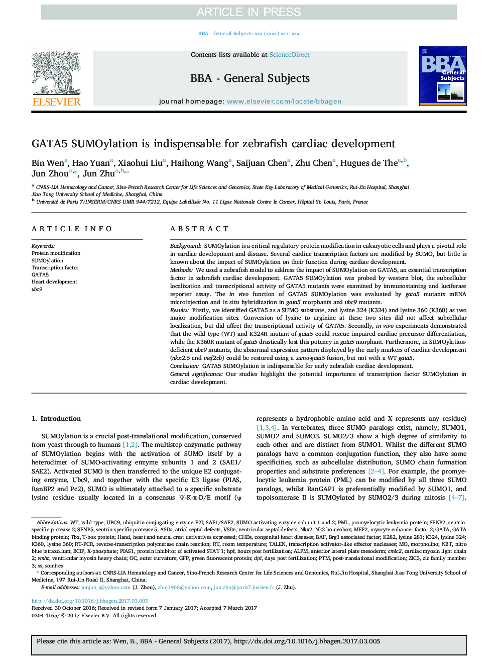 GATA5 SUMOylation is indispensable for zebrafish cardiac development