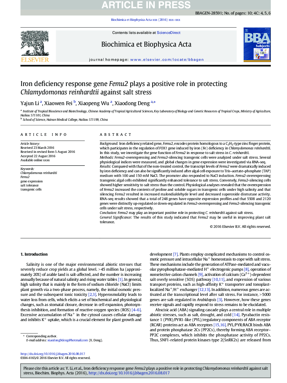 Iron deficiency response gene Femu2 plays a positive role in protecting Chlamydomonas reinhardtii against salt stress