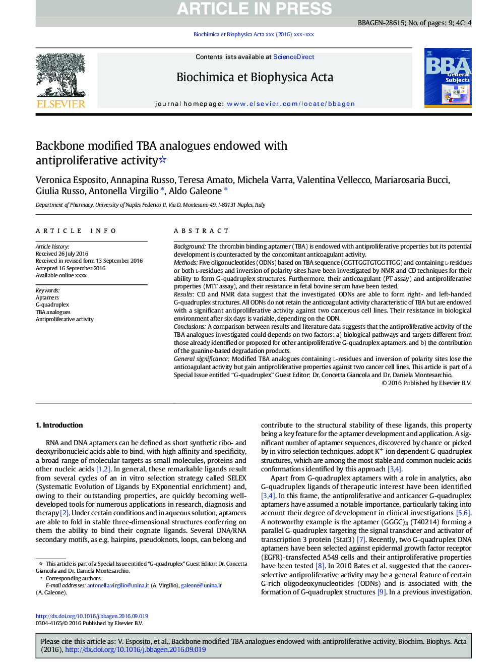 Backbone modified TBA analogues endowed with antiproliferative activity