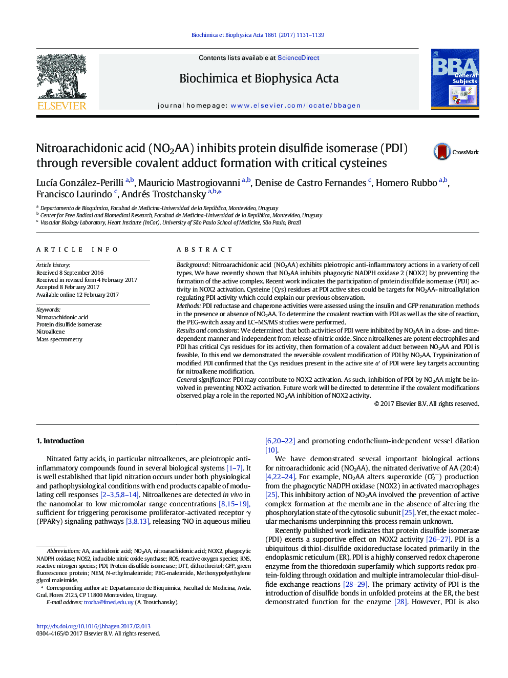 Nitroarachidonic acid (NO2AA) inhibits protein disulfide isomerase (PDI) through reversible covalent adduct formation with critical cysteines