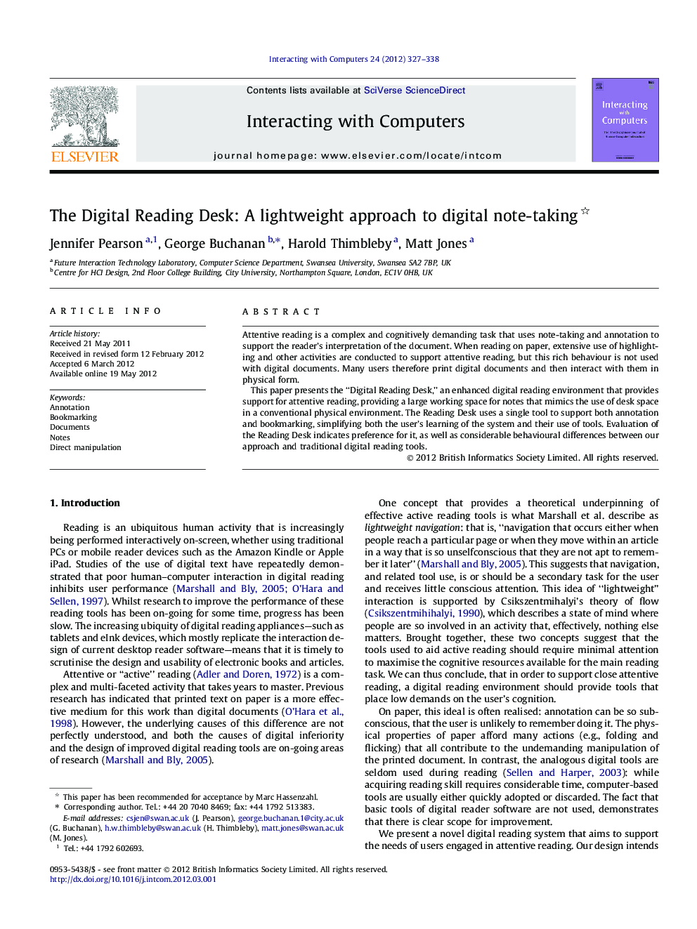 The Digital Reading Desk: A lightweight approach to digital note-taking