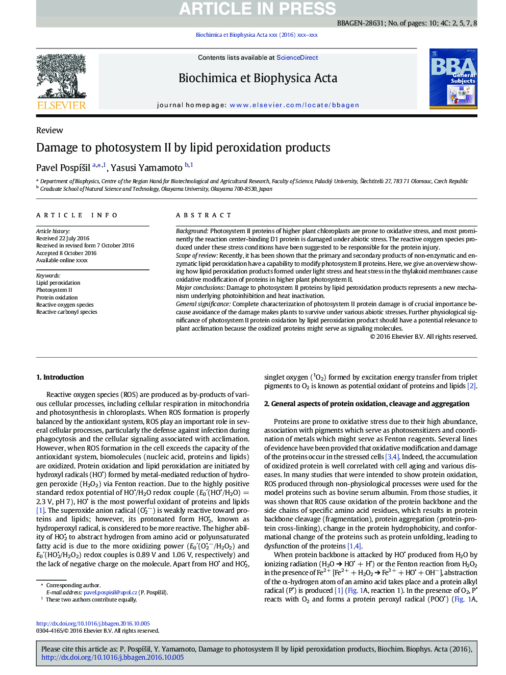 Damage to photosystem II by lipid peroxidation products