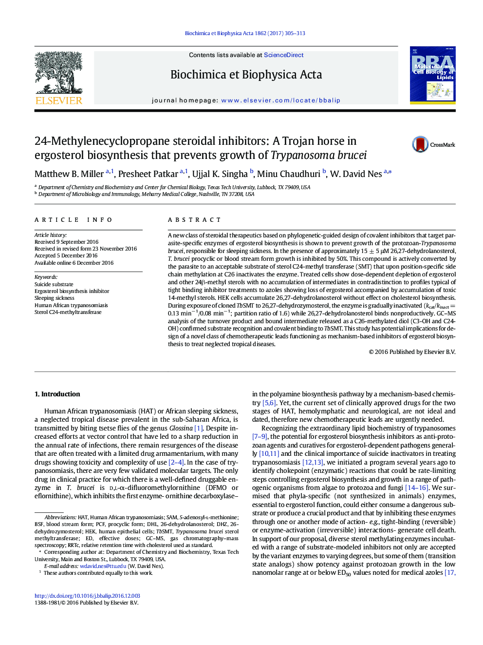 24-Methylenecyclopropane steroidal inhibitors: A Trojan horse in ergosterol biosynthesis that prevents growth of Trypanosoma brucei