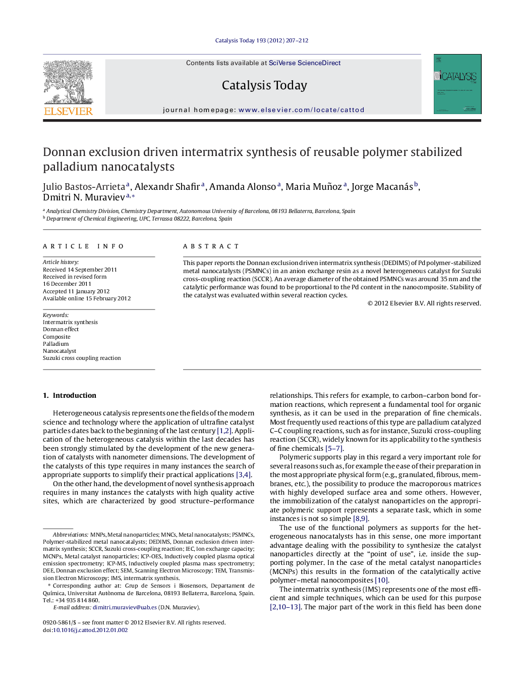 Donnan exclusion driven intermatrix synthesis of reusable polymer stabilized palladium nanocatalysts