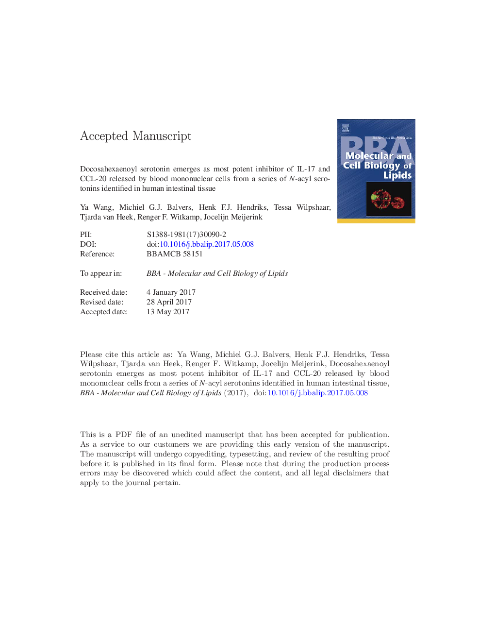 Docosahexaenoyl serotonin emerges as most potent inhibitor of IL-17 and CCL-20 released by blood mononuclear cells from a series of N-acyl serotonins identified in human intestinal tissue