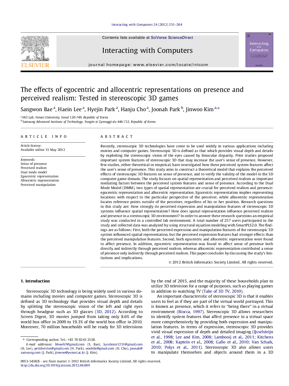 The effects of egocentric and allocentric representations on presence and perceived realism: Tested in stereoscopic 3D games