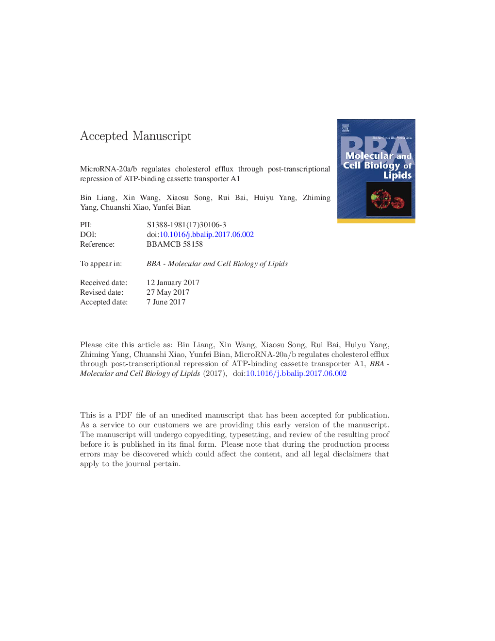 MicroRNA-20a/b regulates cholesterol efflux through post-transcriptional repression of ATP-binding cassette transporter A1