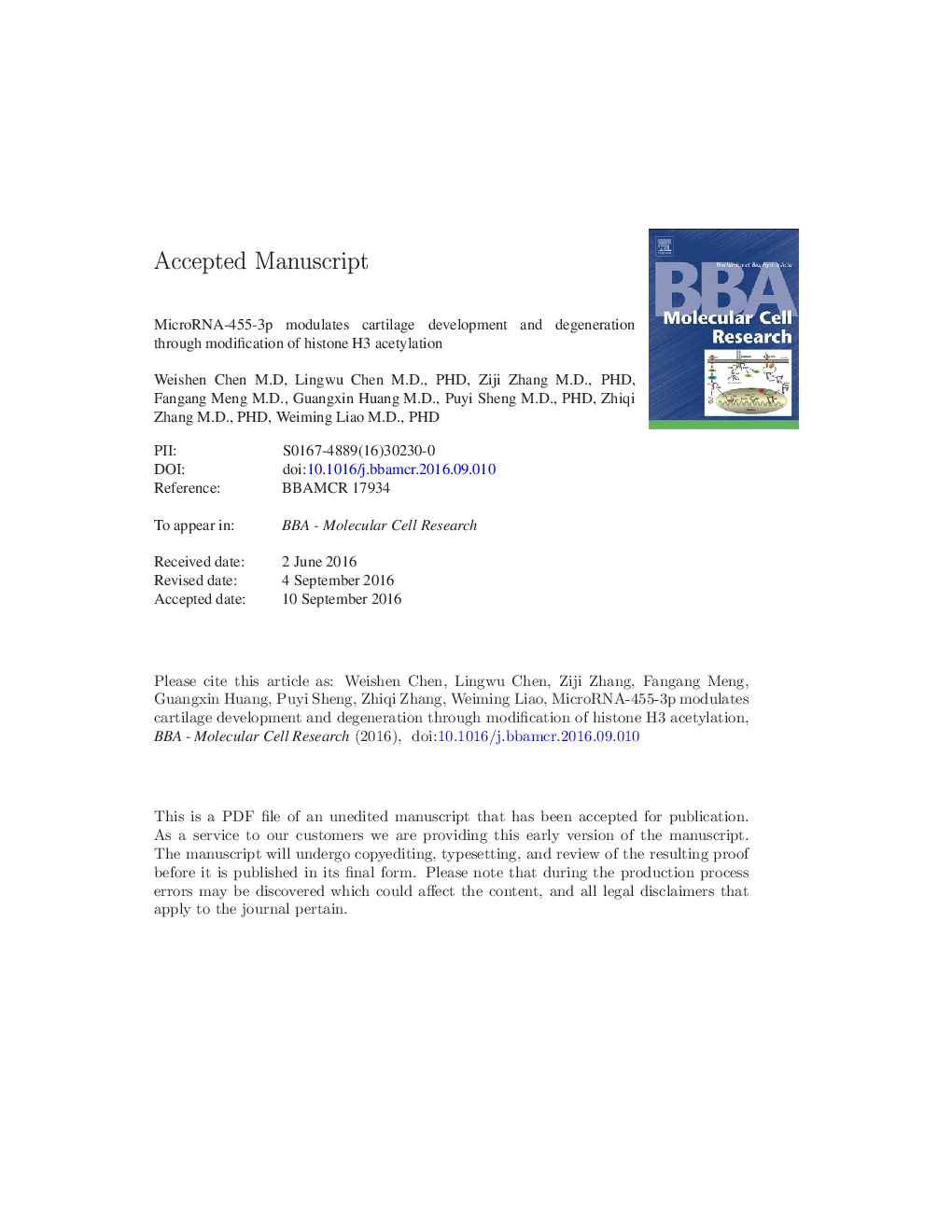 MicroRNA-455-3p modulates cartilage development and degeneration through modification of histone H3 acetylation