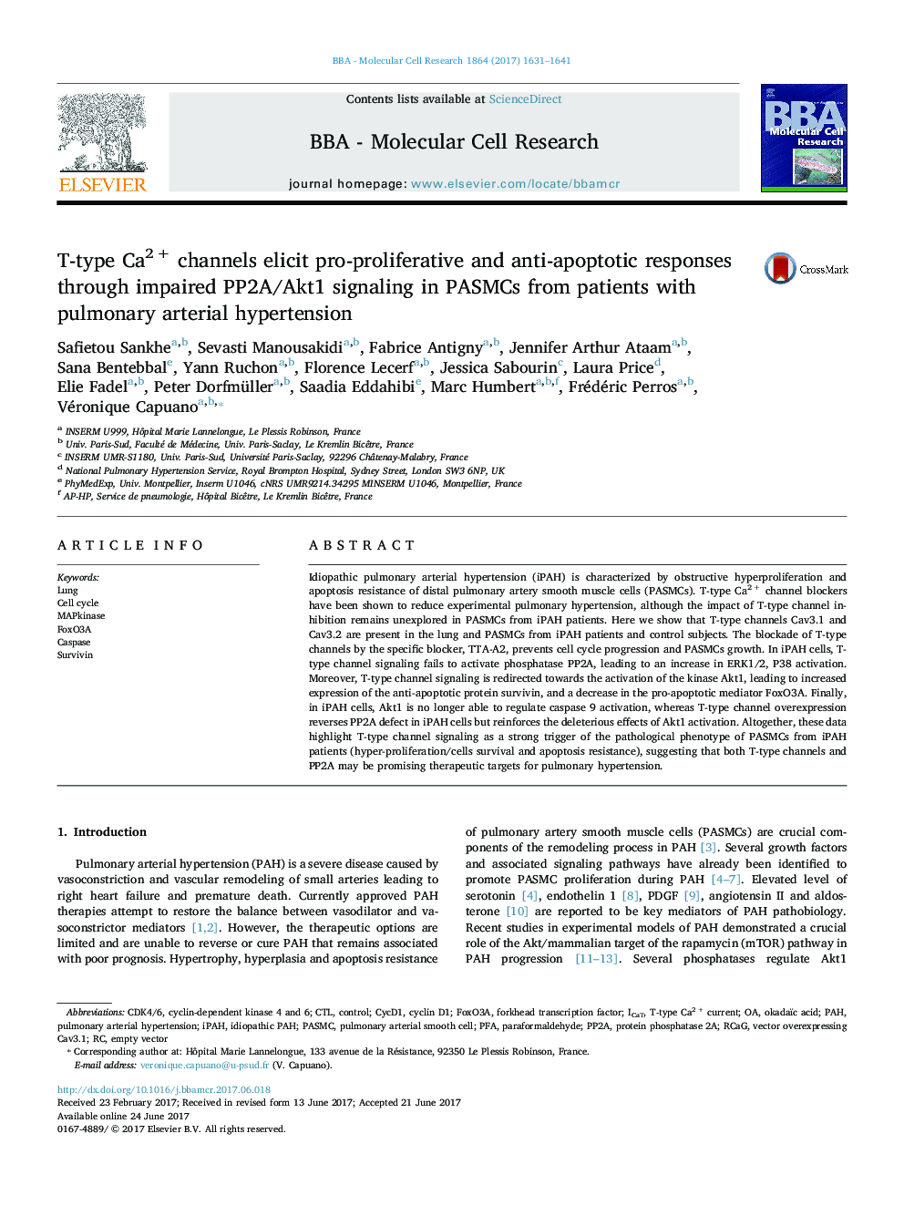 T-type Ca2 + channels elicit pro-proliferative and anti-apoptotic responses through impaired PP2A/Akt1 signaling in PASMCs from patients with pulmonary arterial hypertension