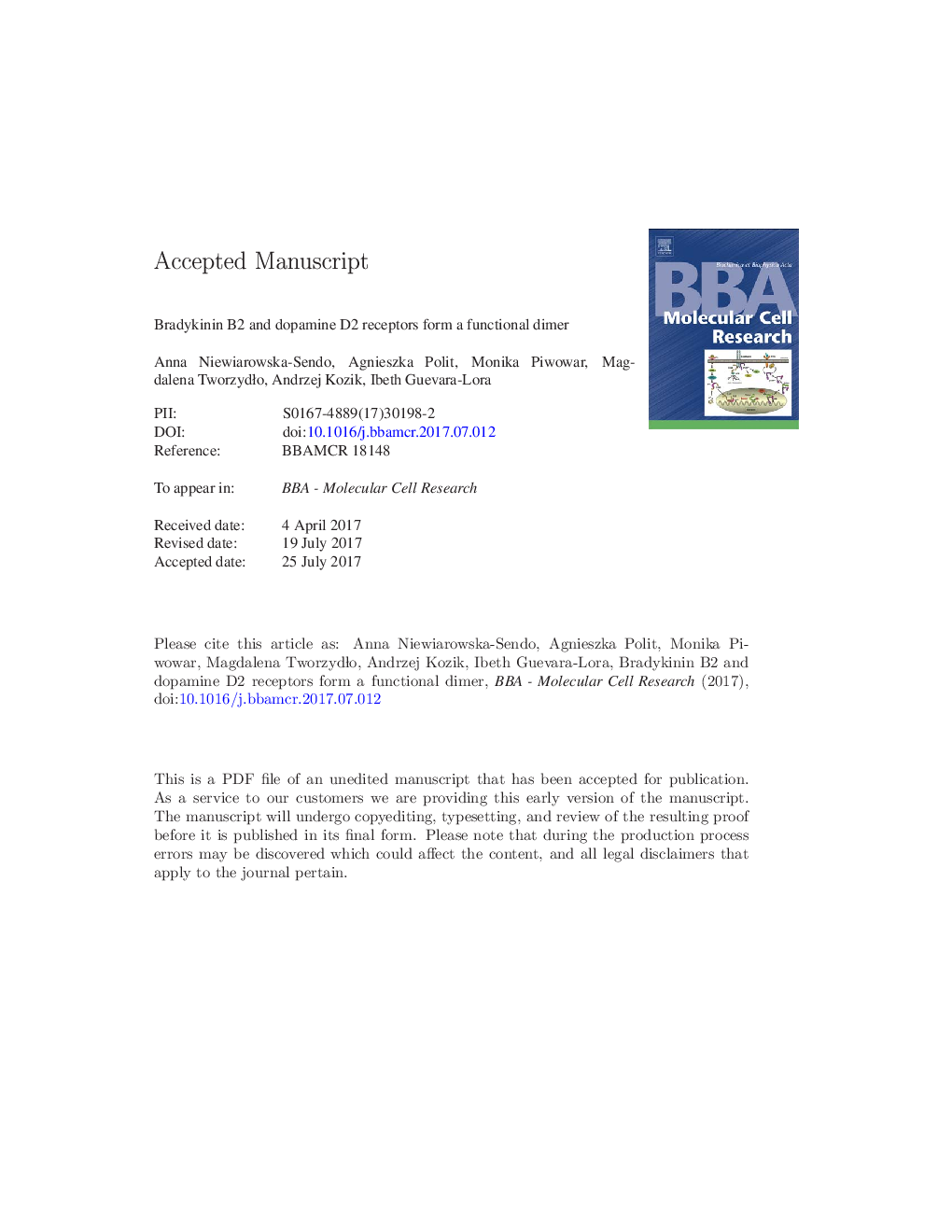 Bradykinin B2 and dopamine D2 receptors form a functional dimer