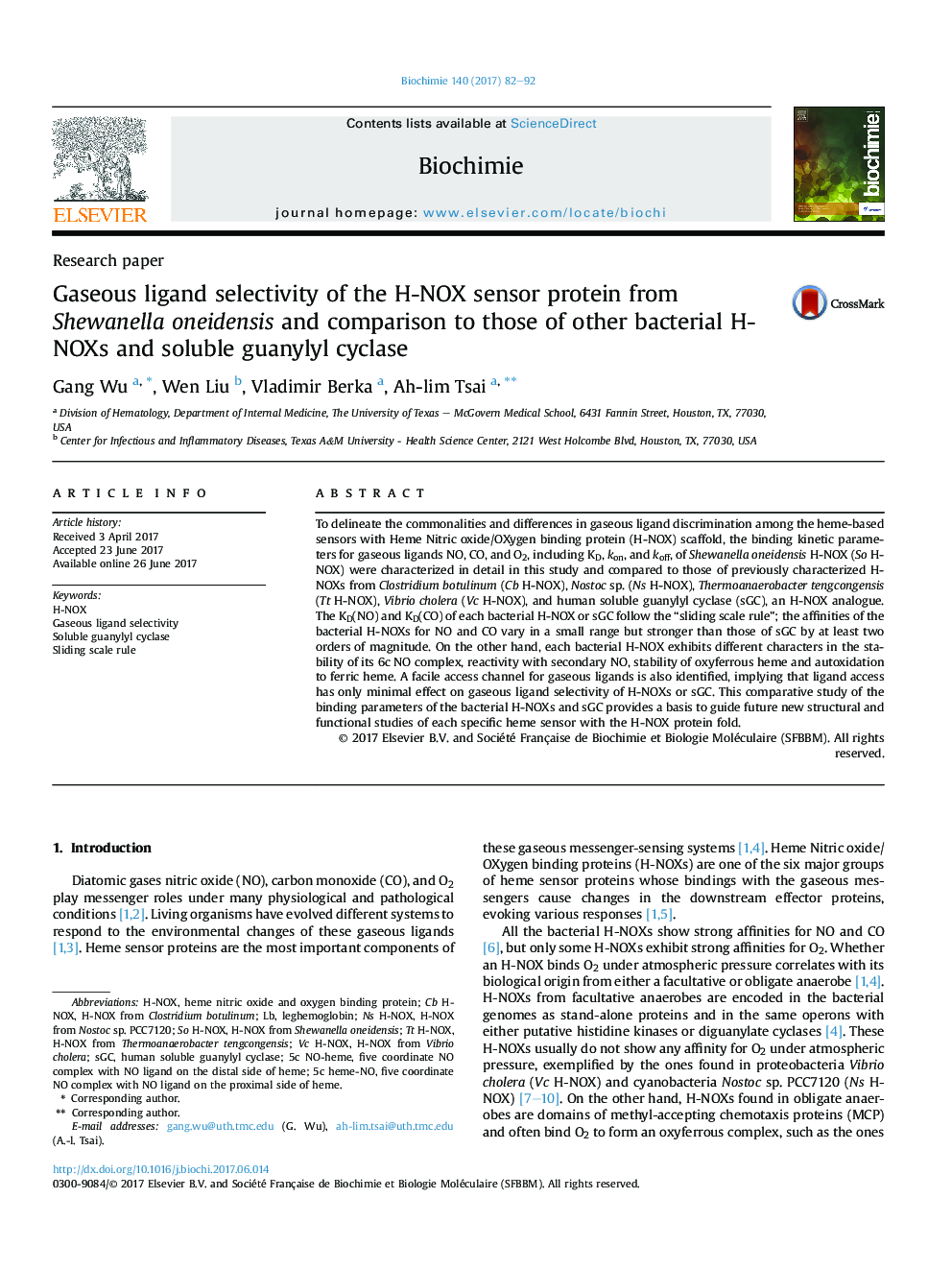 Gaseous ligand selectivity of the H-NOX sensor protein from Shewanella oneidensis and comparison to those of other bacterial H-NOXs and soluble guanylyl cyclase