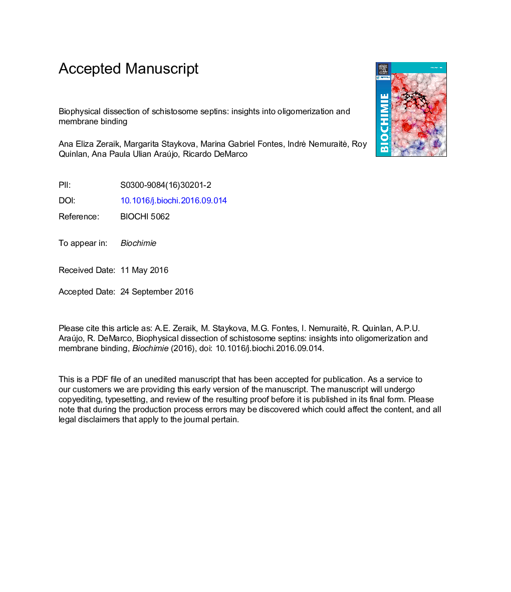 Biophysical dissection of schistosome septins: Insights into oligomerization and membrane binding