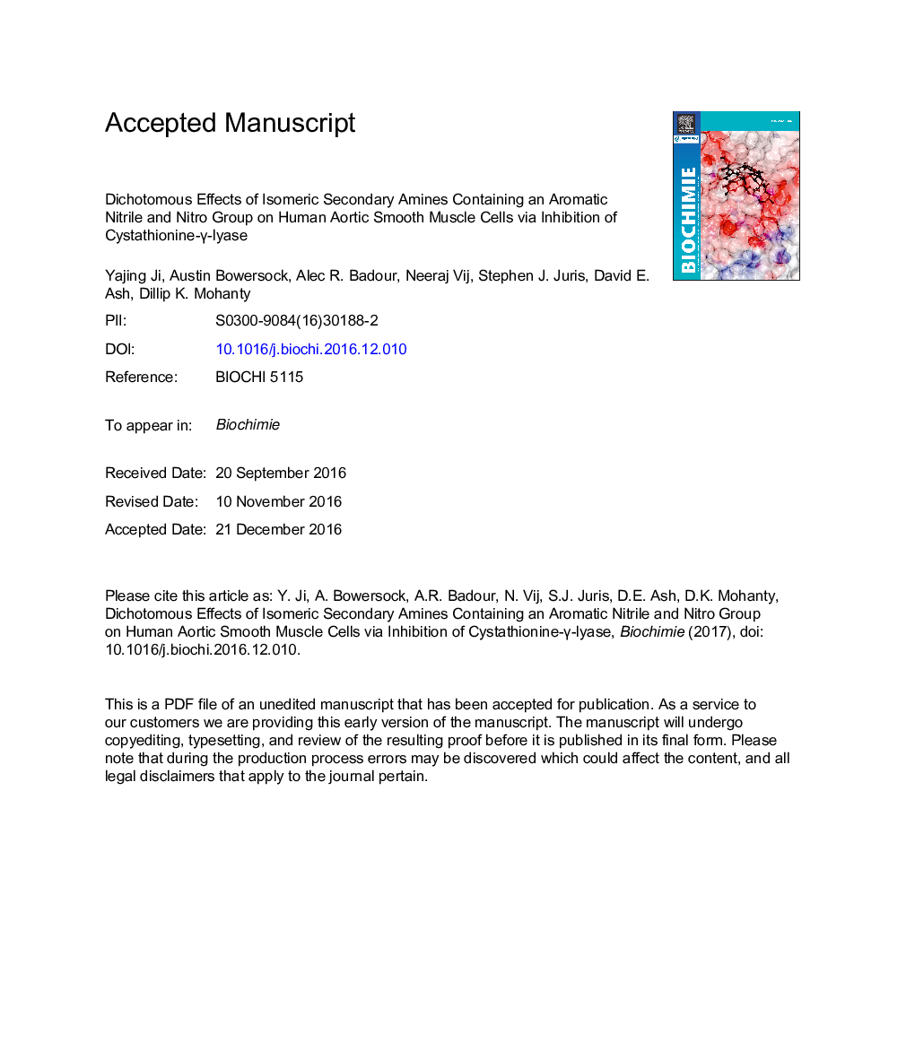 Dichotomous effects of isomeric secondary amines containing an aromatic nitrile and nitro group on human aortic smooth muscle cells via inhibition of cystathionine-Î³-lyase