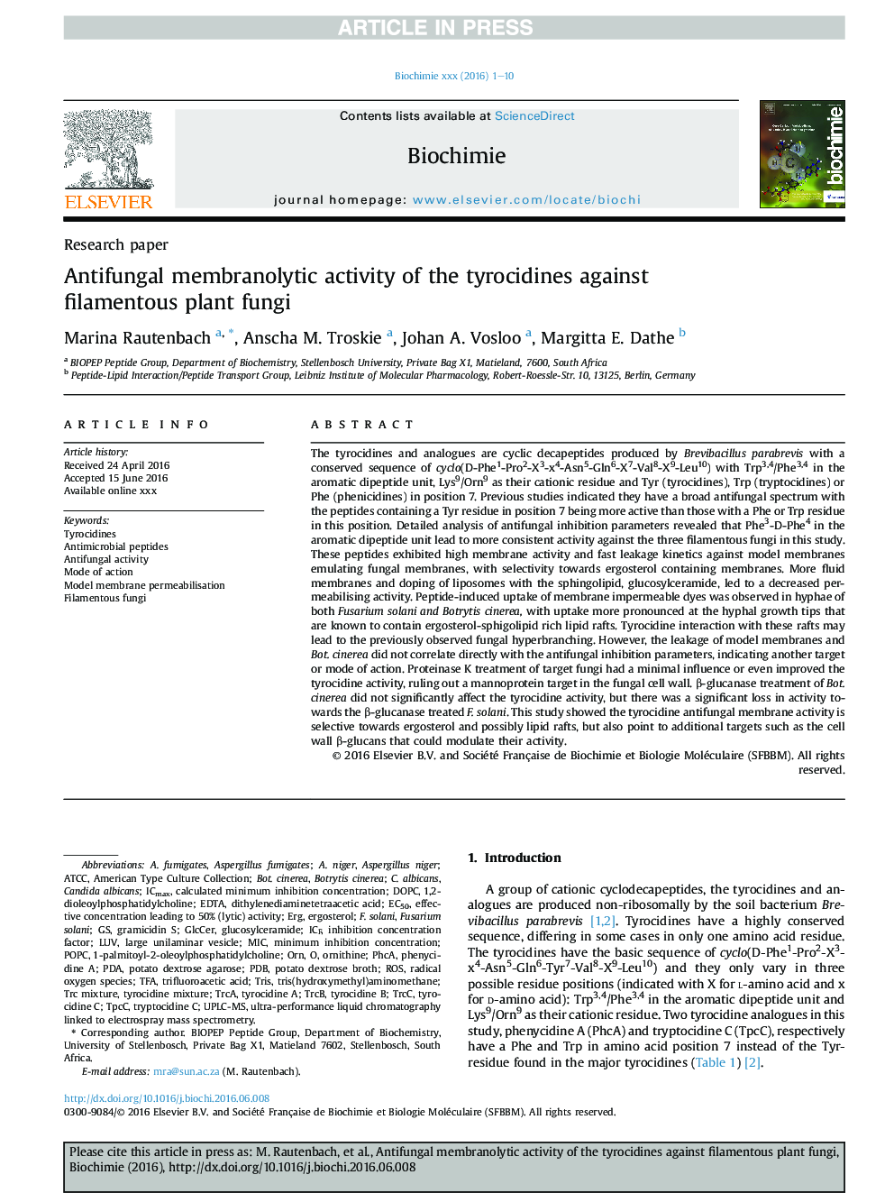Antifungal membranolytic activity of the tyrocidines against filamentous plant fungi