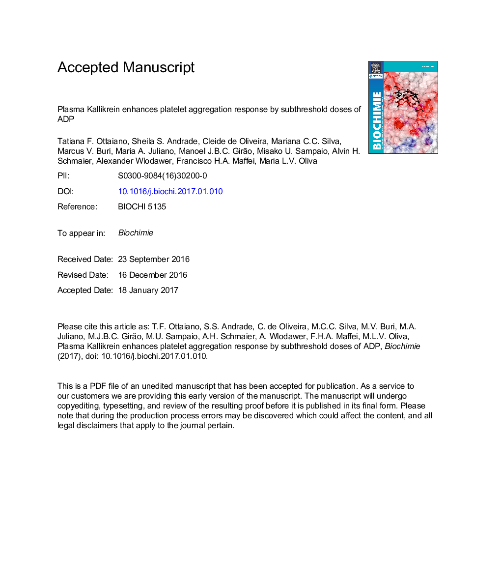 Plasma kallikrein enhances platelet aggregation response by subthreshold doses of ADP