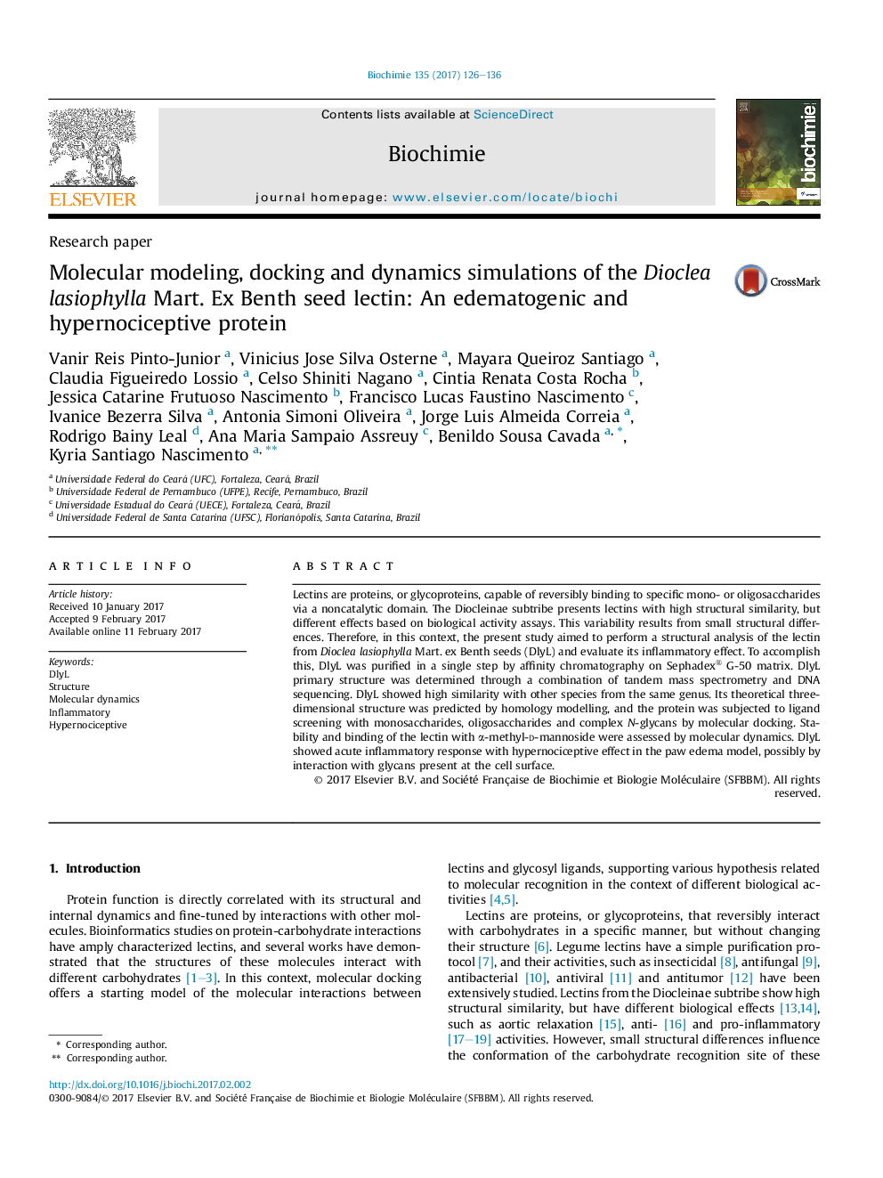 Molecular modeling, docking and dynamics simulations of the Dioclea lasiophylla Mart. Ex Benth seed lectin: An edematogenic and hypernociceptive protein