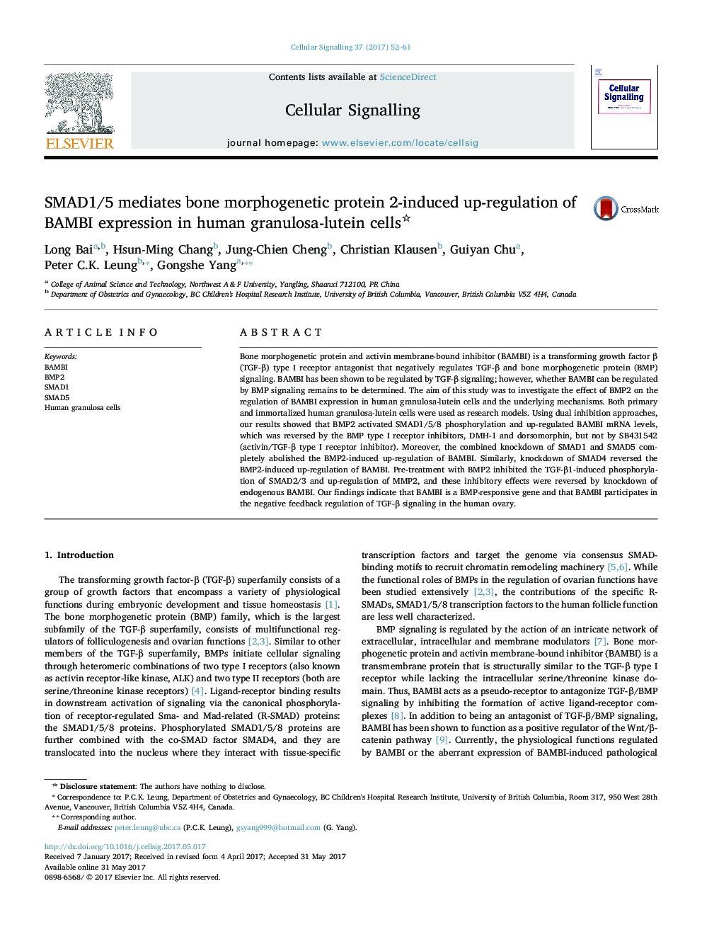 SMAD1/5 mediates bone morphogenetic protein 2-induced up-regulation of BAMBI expression in human granulosa-lutein cells