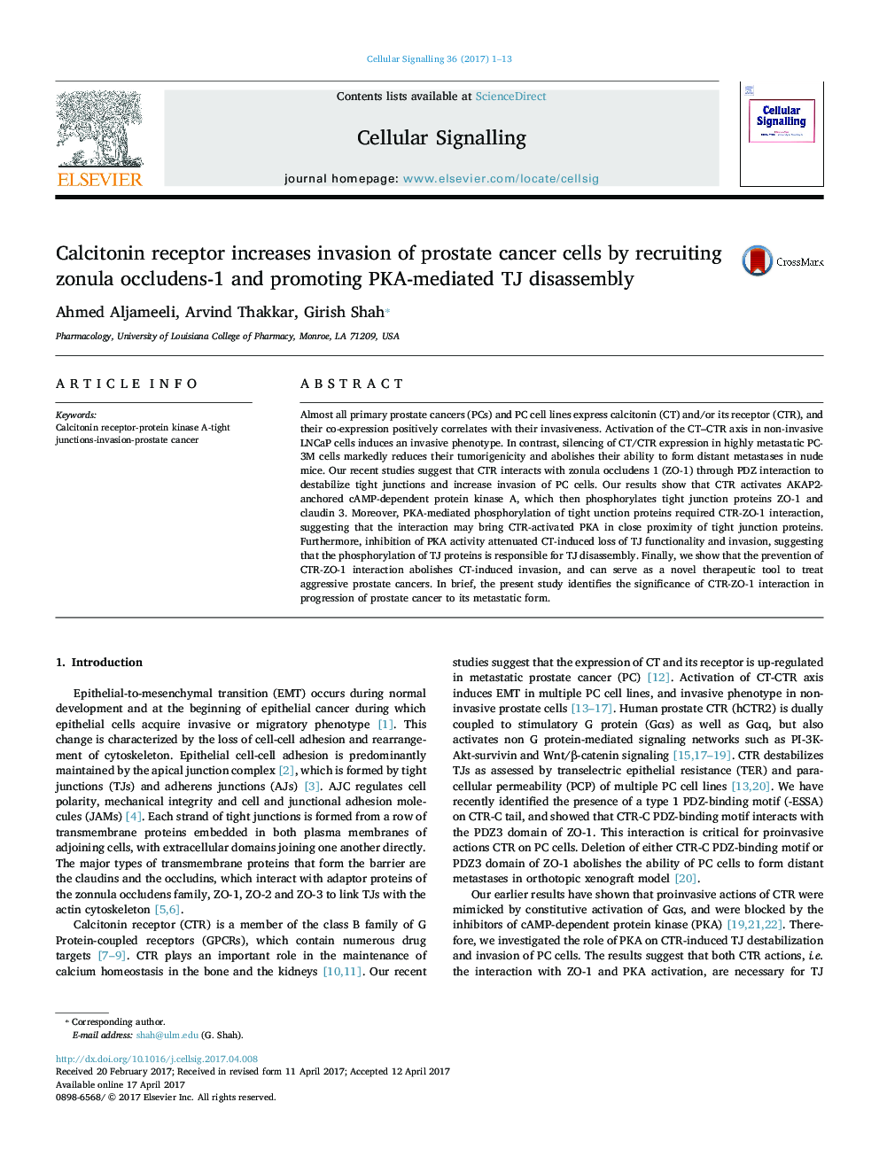 Calcitonin receptor increases invasion of prostate cancer cells by recruiting zonula occludens-1 and promoting PKA-mediated TJ disassembly