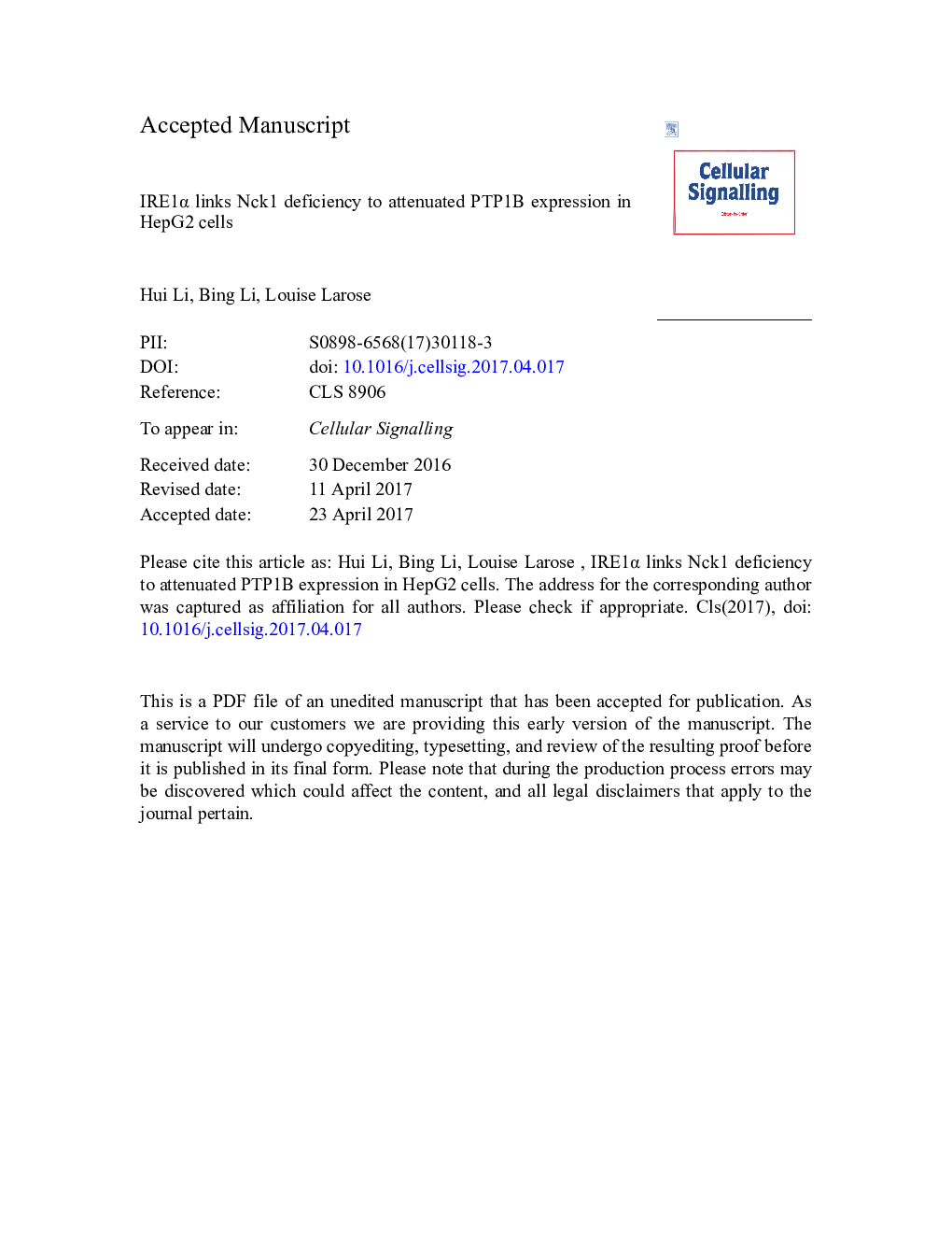 عکس صفحه اول مقاله: IRE1α links Nck1 deficiency to attenuated PTP1B expression in HepG2 cells IRE1α links Nck1 deficiency to attenuated PTP1B expression in HepG2 cells