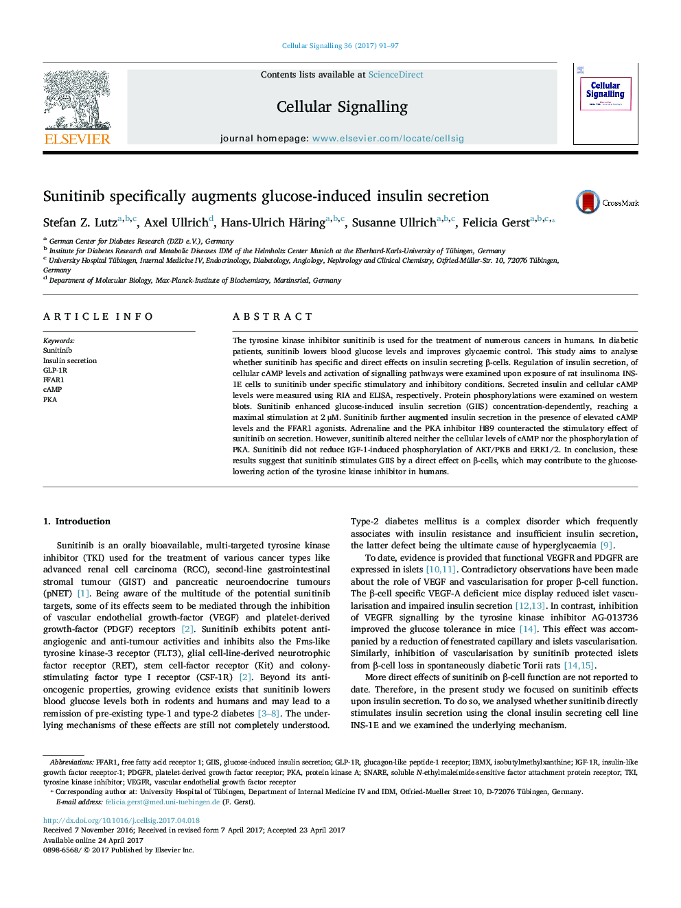 Sunitinib specifically augments glucose-induced insulin secretion