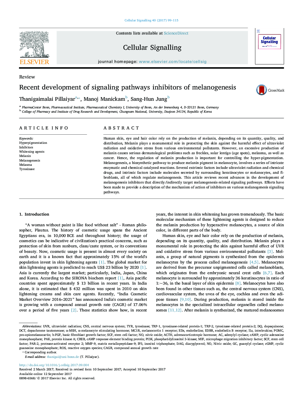 ReviewRecent development of signaling pathways inhibitors of melanogenesis