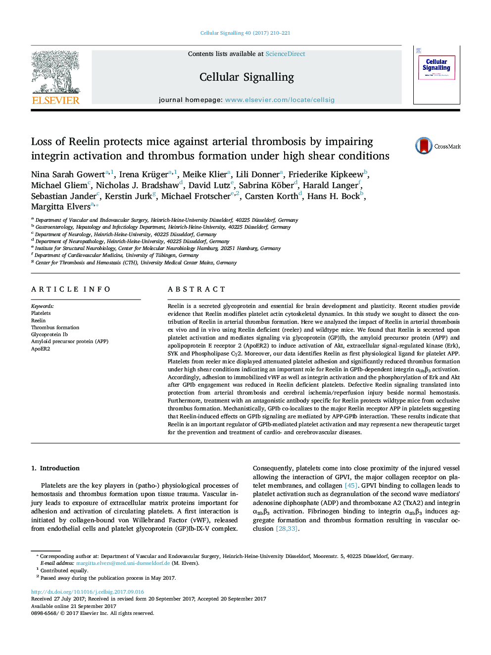 Loss of Reelin protects mice against arterial thrombosis by impairing integrin activation and thrombus formation under high shear conditions