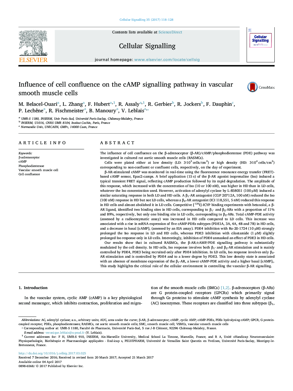 Influence of cell confluence on the cAMP signalling pathway in vascular smooth muscle cells