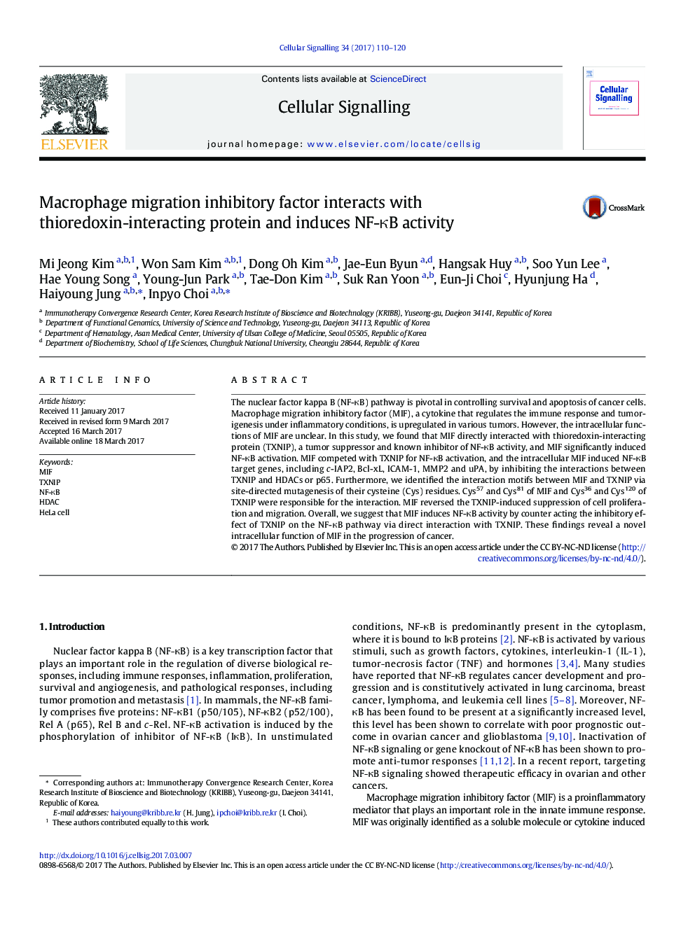 Macrophage migration inhibitory factor interacts with thioredoxin-interacting protein and induces NF-ÎºB activity