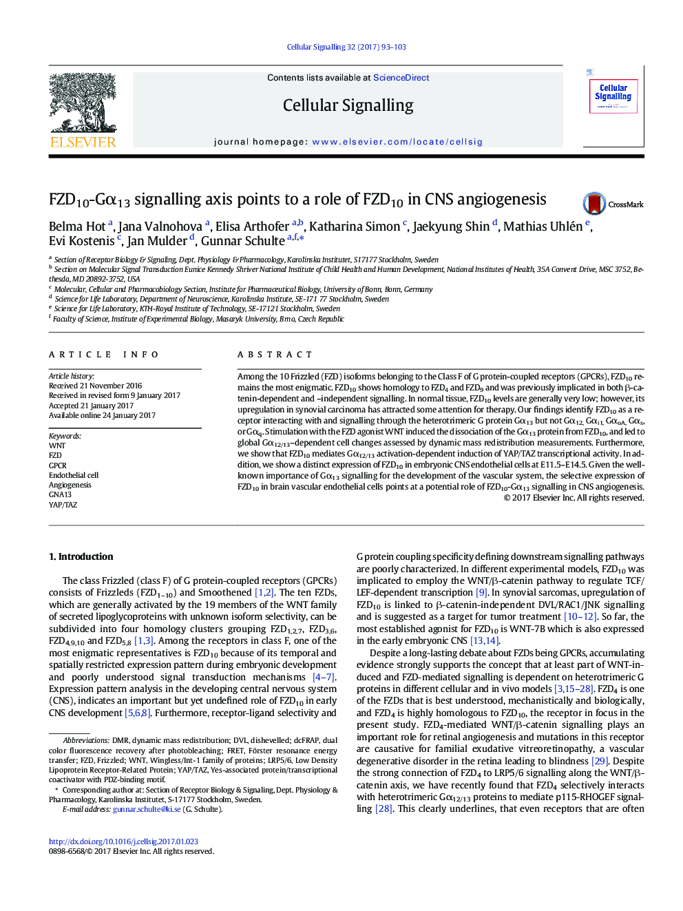 FZD10-GÎ±13 signalling axis points to a role of FZD10 in CNS angiogenesis