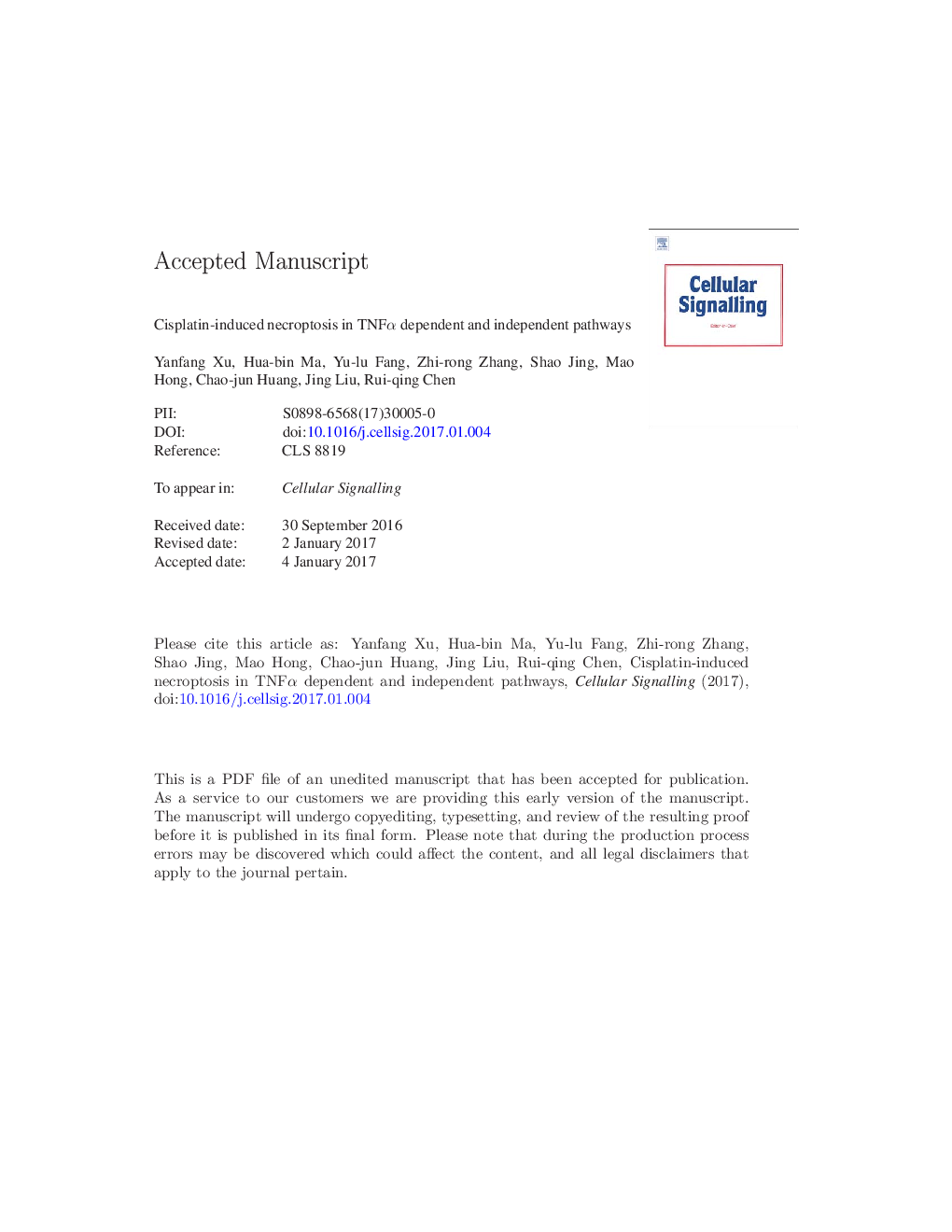 Cisplatin-induced necroptosis in TNFÎ± dependent and independent pathways