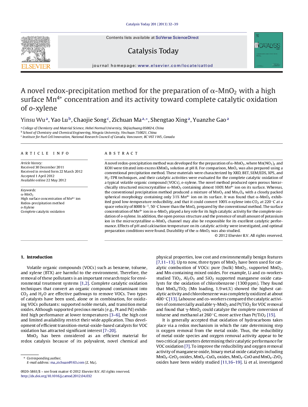 A novel redox-precipitation method for the preparation of α-MnO2 with a high surface Mn4+ concentration and its activity toward complete catalytic oxidation of o-xylene