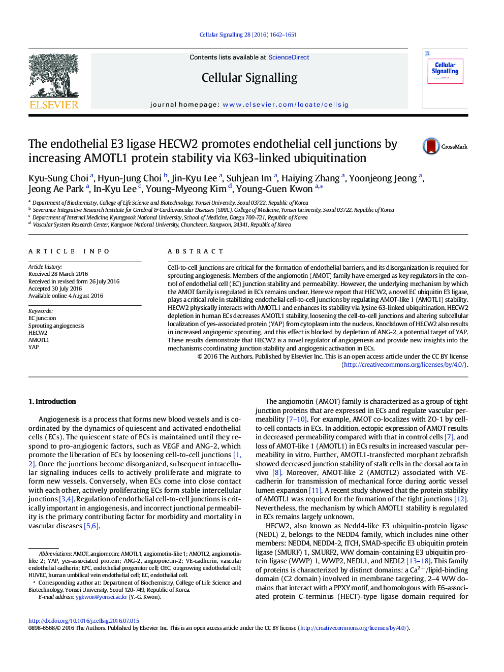 The endothelial E3 ligase HECW2 promotes endothelial cell junctions by increasing AMOTL1 protein stability via K63-linked ubiquitination