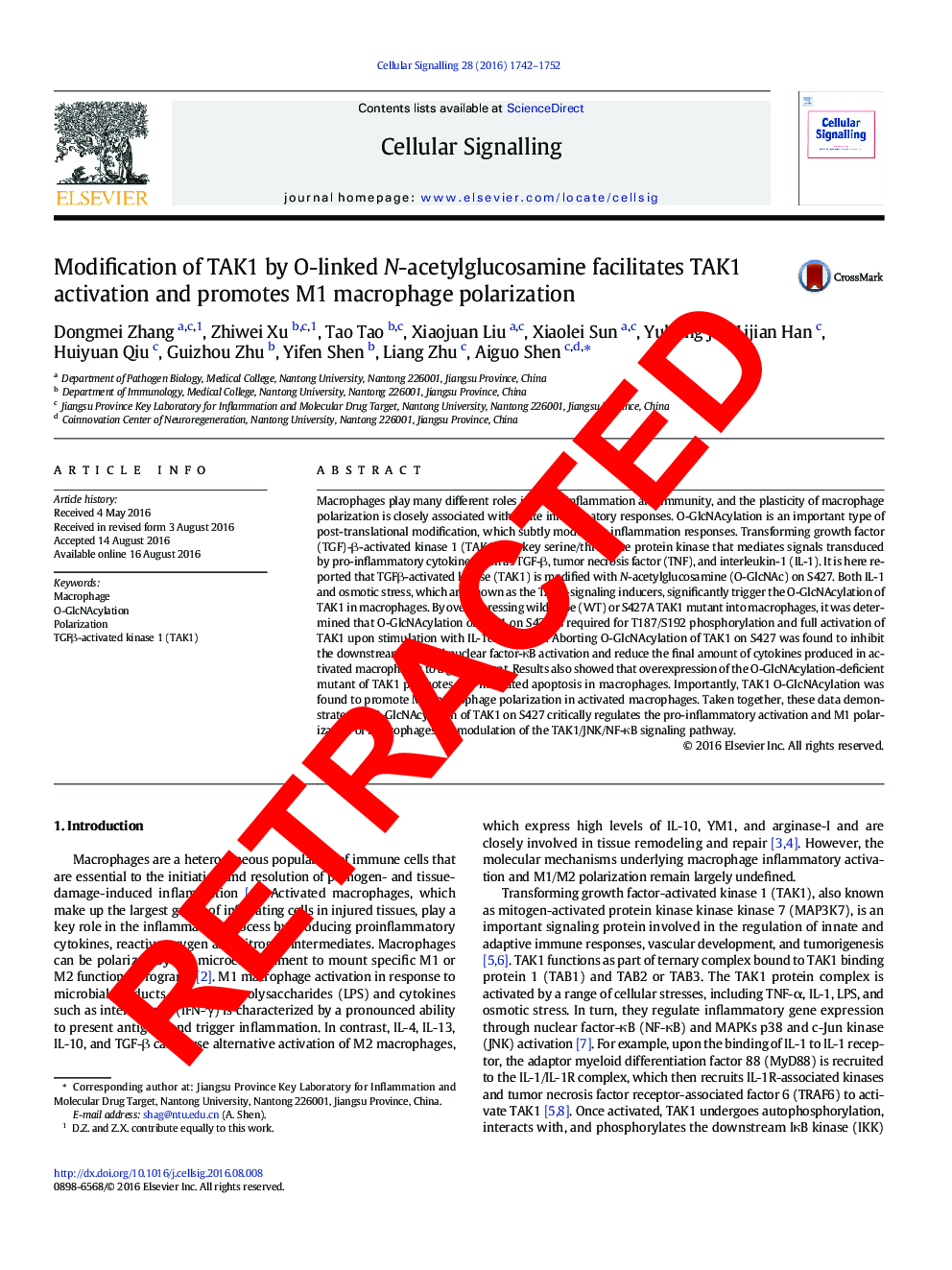 RETRACTED: Modification of TAK1 by O-linked N-acetylglucosamine facilitates TAK1 activation and promotes M1 macrophage polarization