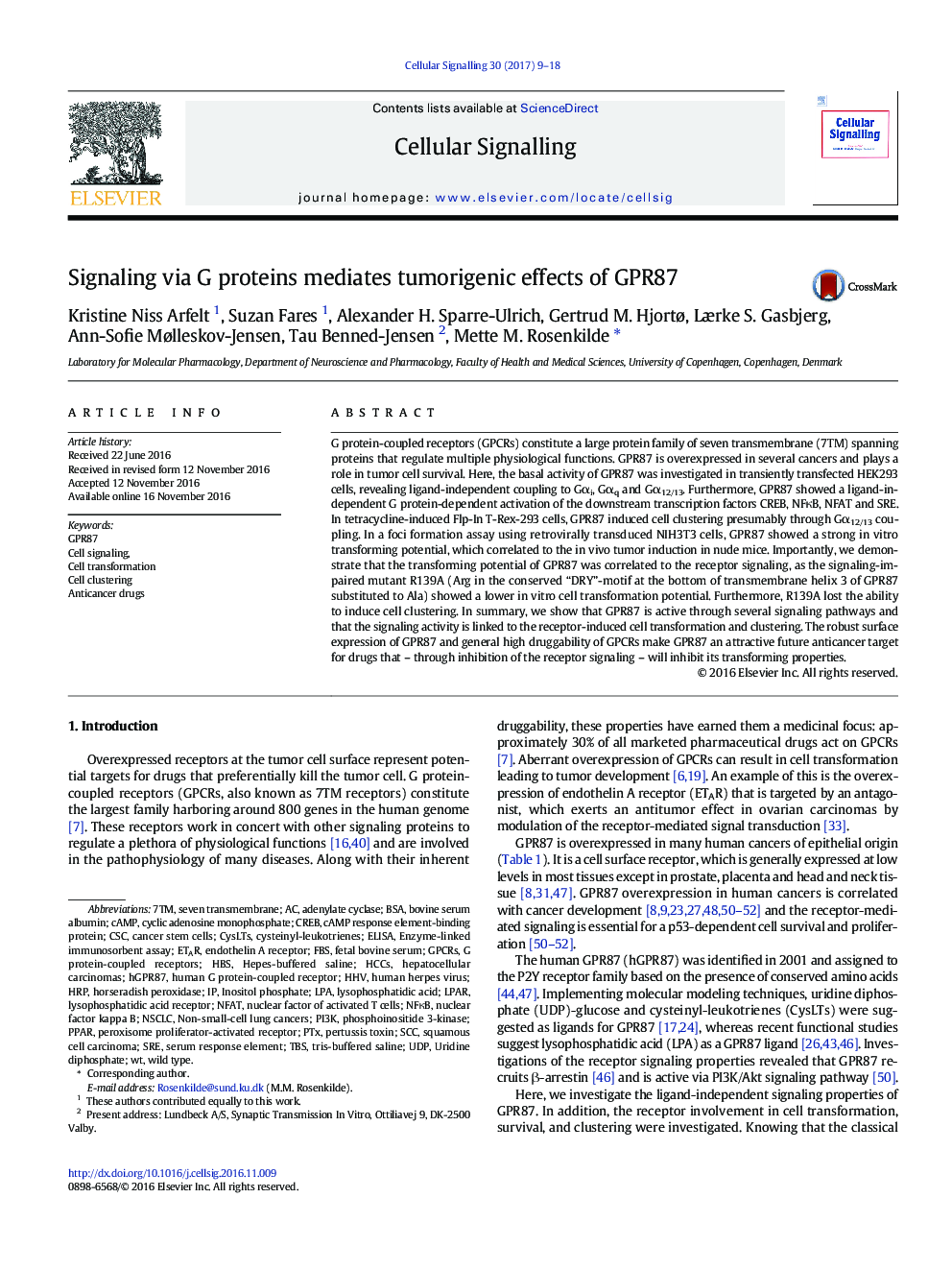 Signaling via G proteins mediates tumorigenic effects of GPR87