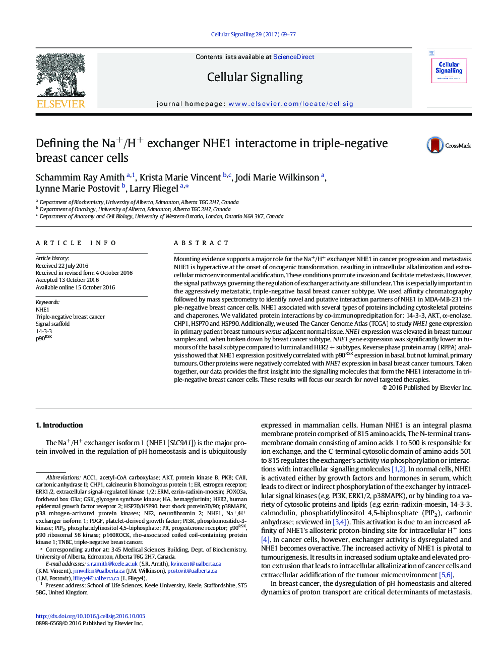 Defining the Na+/H+ exchanger NHE1 interactome in triple-negative breast cancer cells