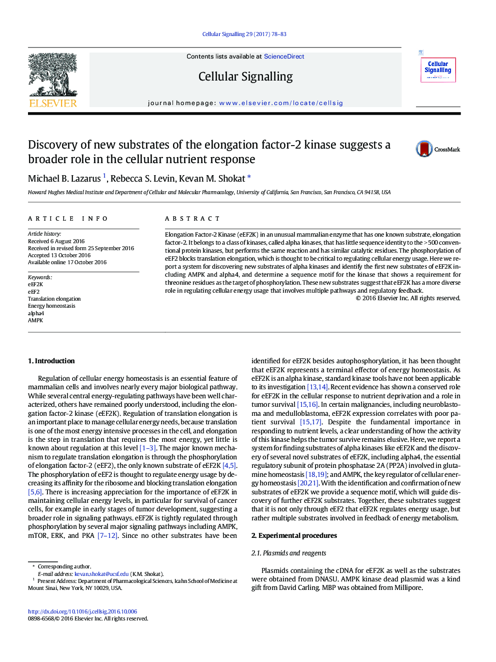 Discovery of new substrates of the elongation factor-2 kinase suggests a broader role in the cellular nutrient response