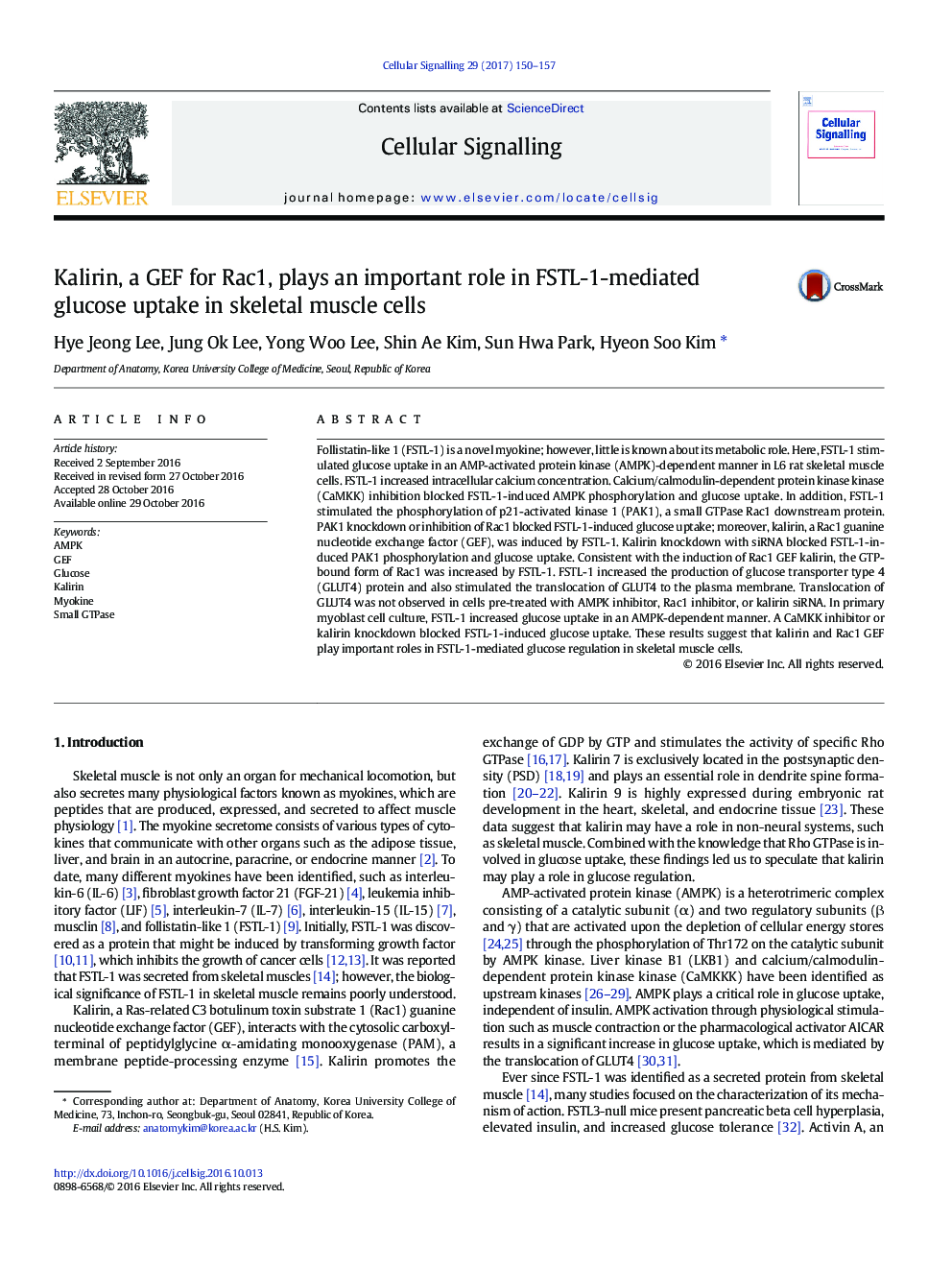 Kalirin, a GEF for Rac1, plays an important role in FSTL-1-mediated glucose uptake in skeletal muscle cells