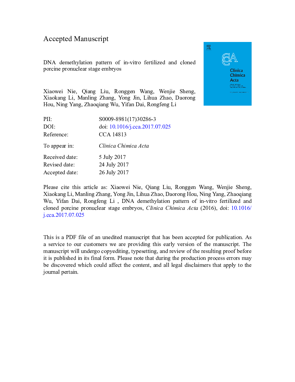 DNA demethylation pattern of in-vitro fertilized and cloned porcine pronuclear stage embryos