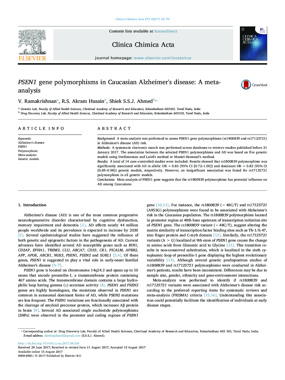 PSEN1 gene polymorphisms in Caucasian Alzheimer's disease: A meta-analysis