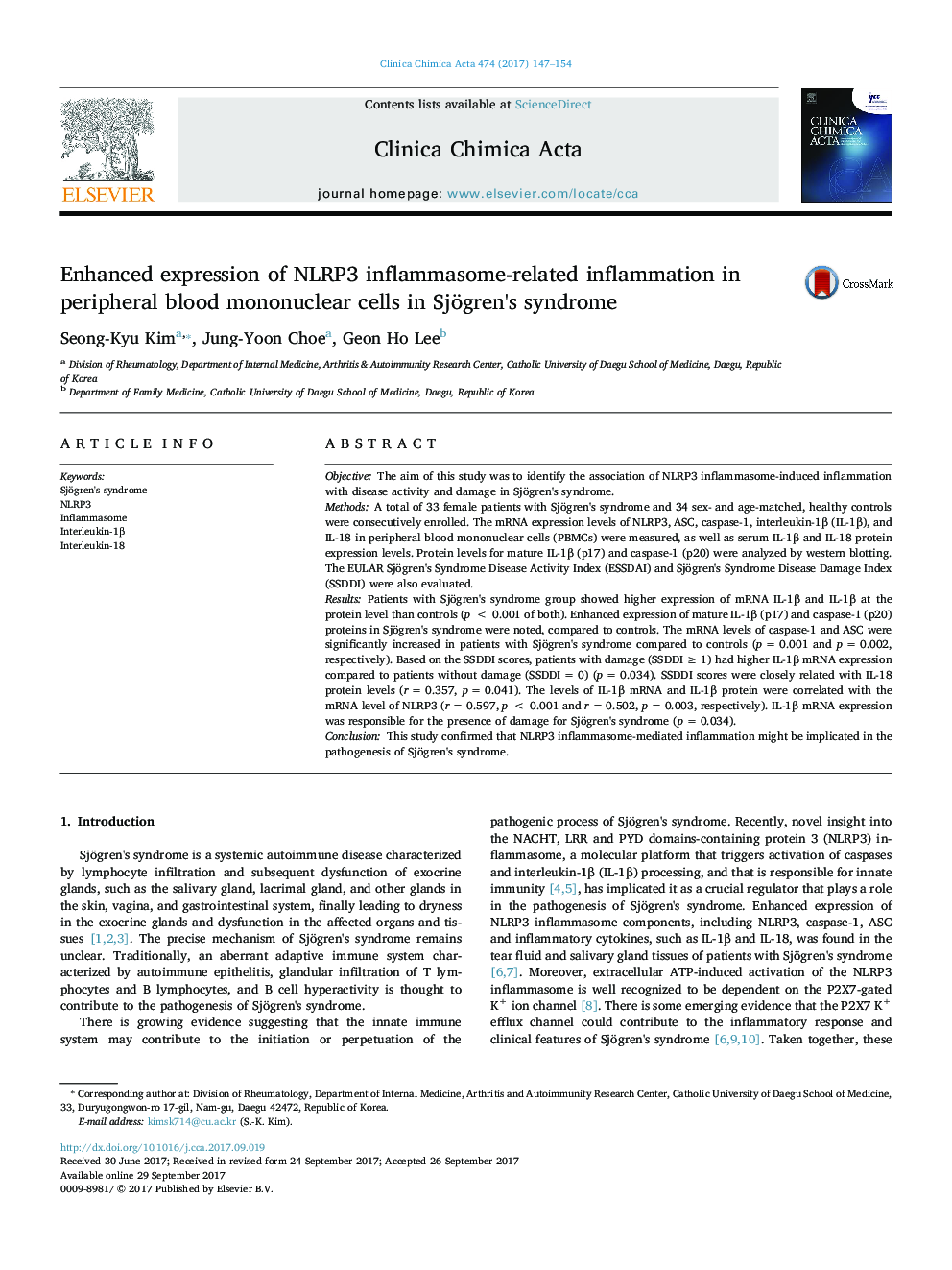 Enhanced expression of NLRP3 inflammasome-related inflammation in peripheral blood mononuclear cells in Sjögren's syndrome