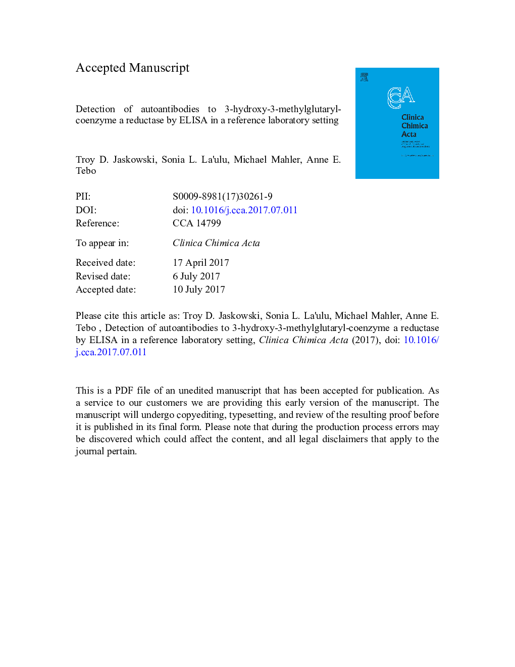 Detection of autoantibodies to 3-hydroxy-3-methylglutaryl-coenzyme a reductase by ELISA in a reference laboratory setting