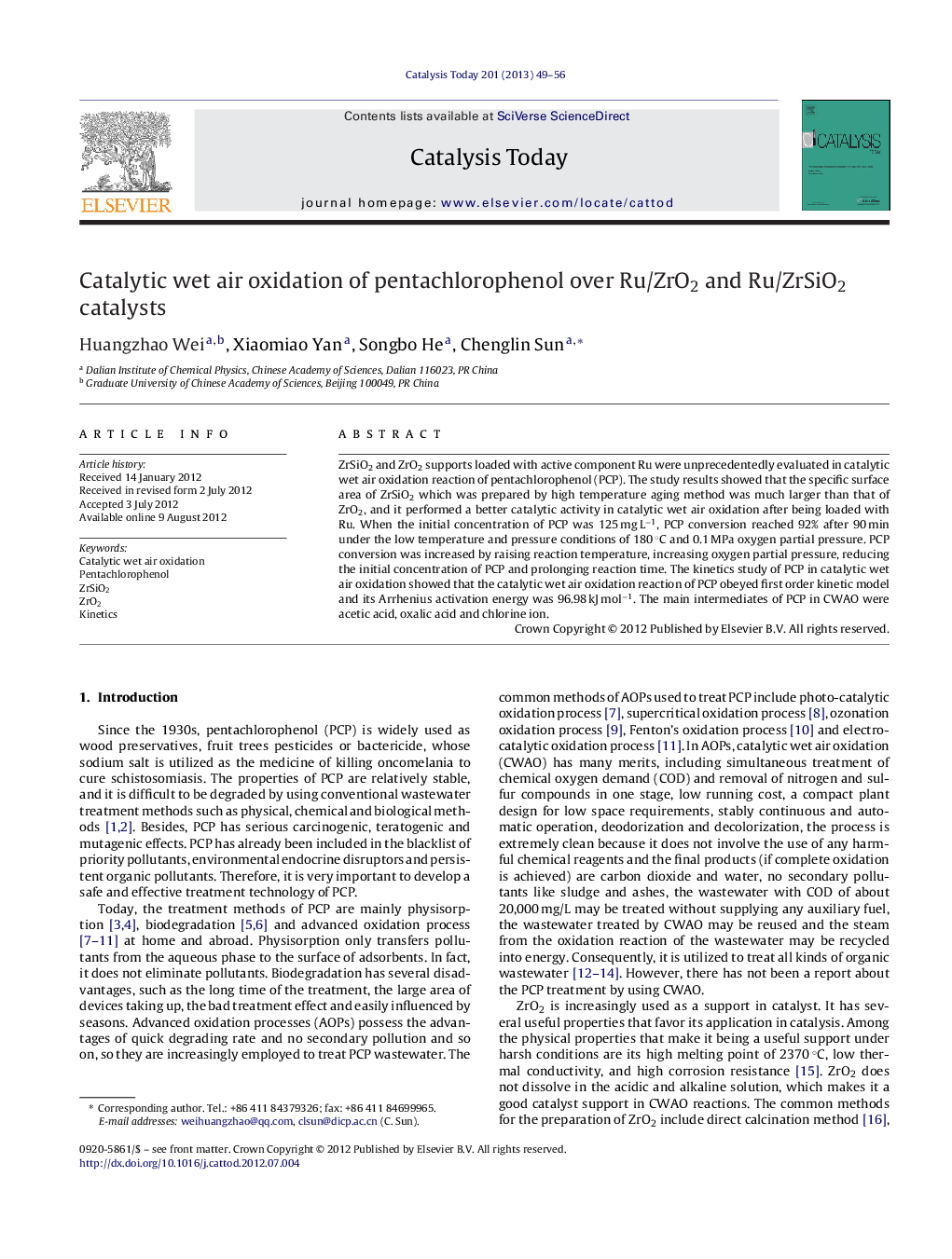 Catalytic wet air oxidation of pentachlorophenol over Ru/ZrO2 and Ru/ZrSiO2 catalysts