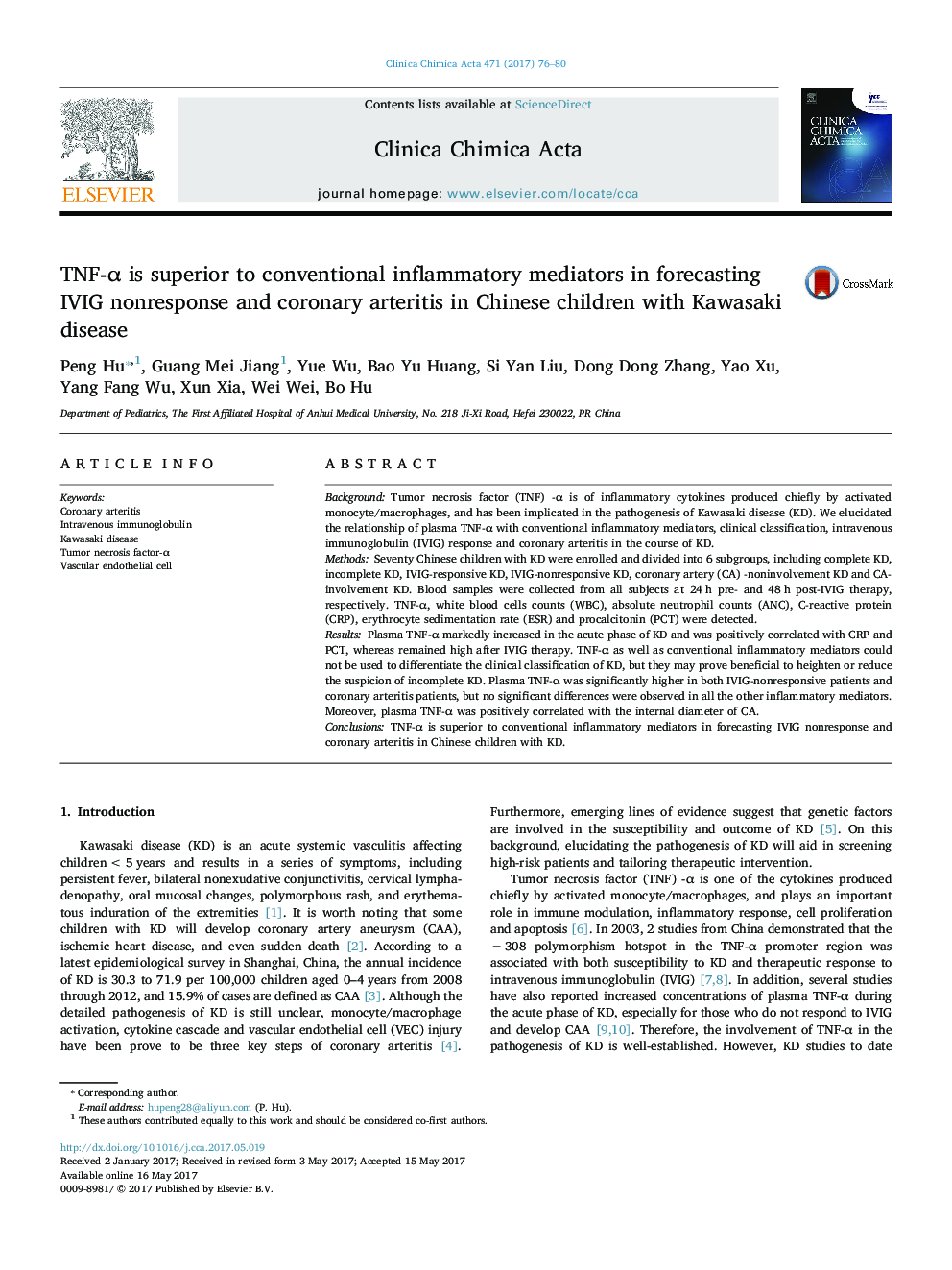 TNF-Î± is superior to conventional inflammatory mediators in forecasting IVIG nonresponse and coronary arteritis in Chinese children with Kawasaki disease