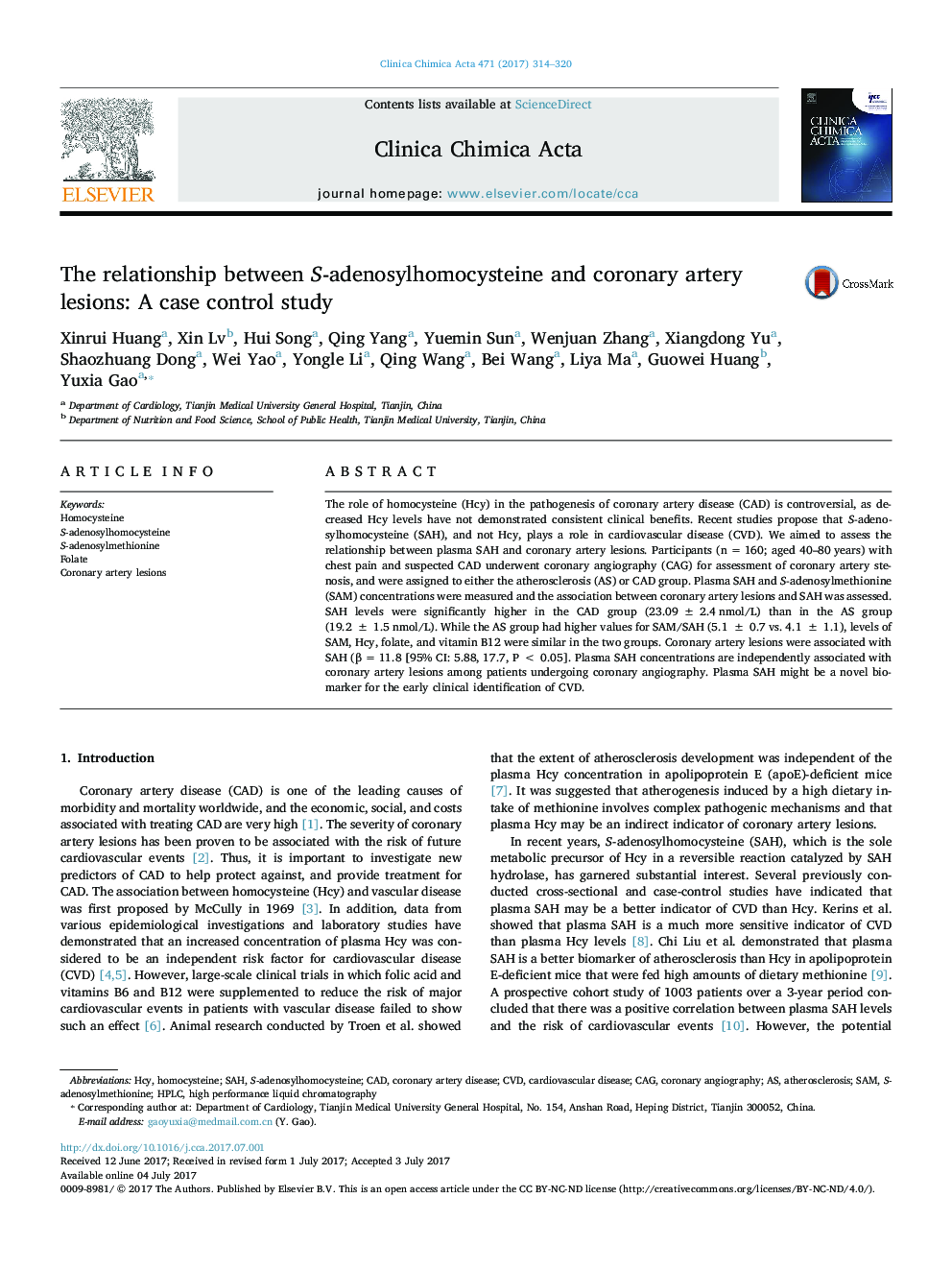 The relationship between S-adenosylhomocysteine and coronary artery lesions: A case control study