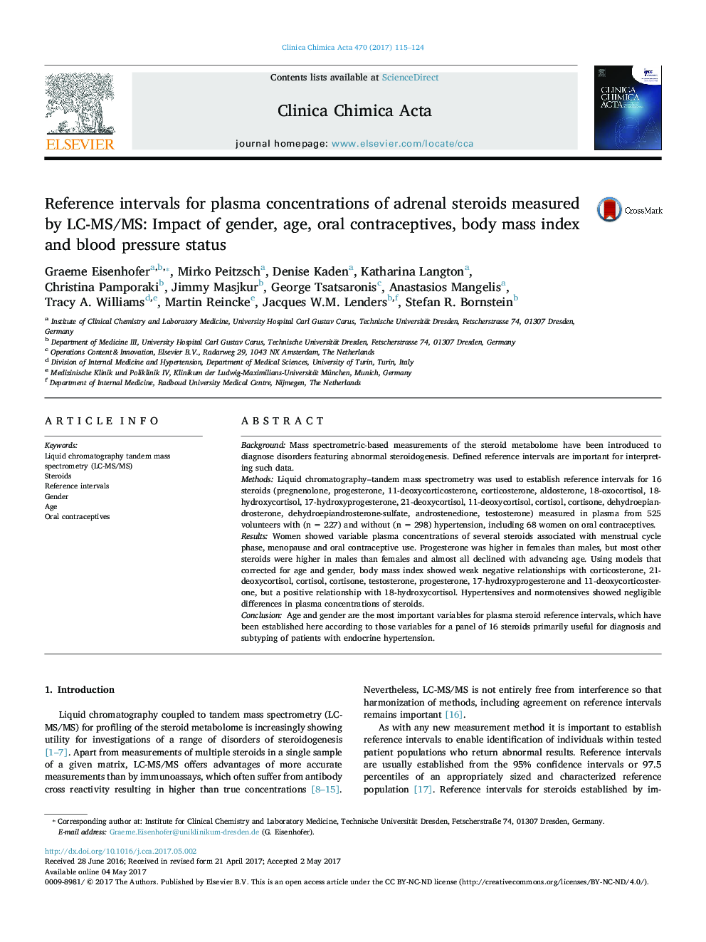 Reference intervals for plasma concentrations of adrenal steroids measured by LC-MS/MS: Impact of gender, age, oral contraceptives, body mass index and blood pressure status